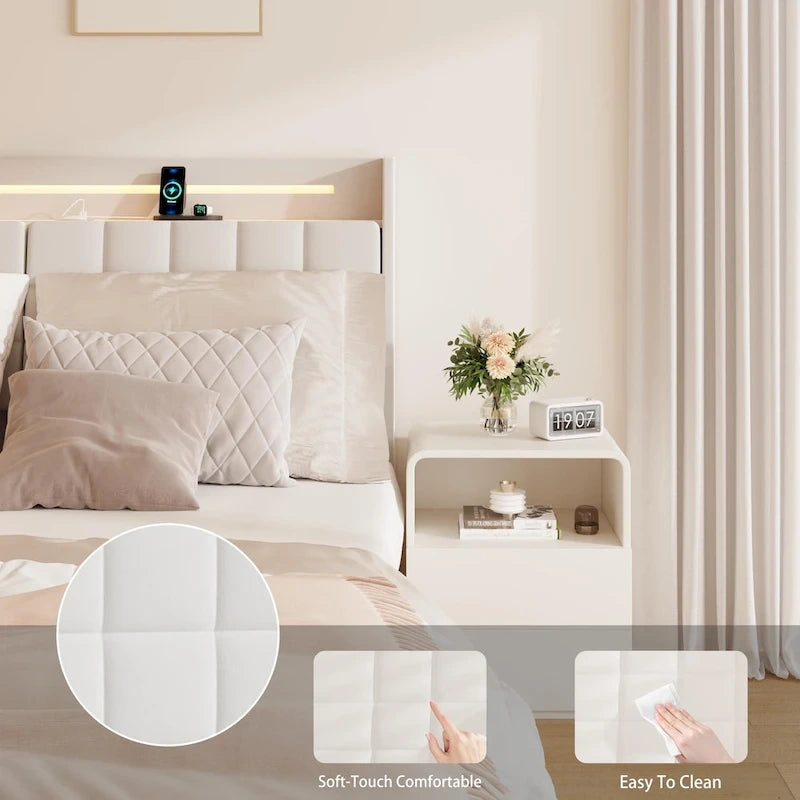 KingSizeFloatingBedwithHeadboardStorageandRGBLEDLights,Beige