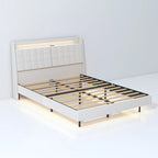 KingSizeFloatingBedwithHeadboardStorageandRGBLEDLights,Beige