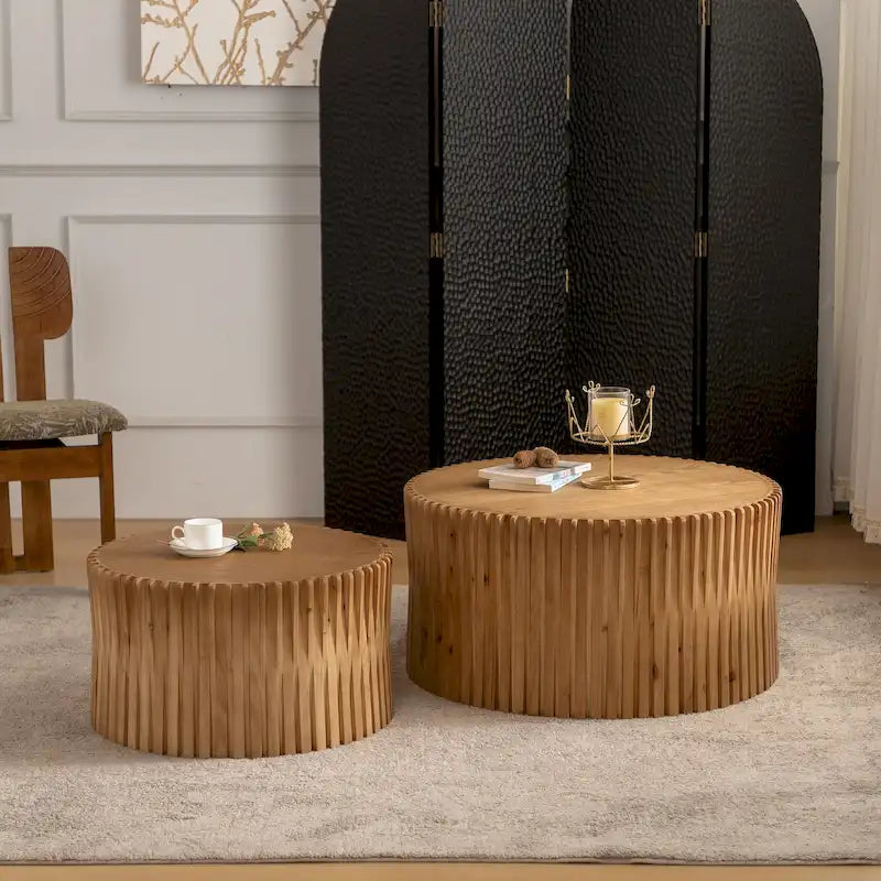Coffee Table Set with Vertical Textured Embossed Design for Living Room (Set of 2)