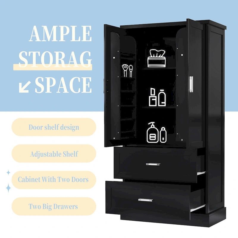 Tall Bathroom Storage Cabinet, Cabinet with Two Doors and Drawers, Adjustable Shelf, MDF Board