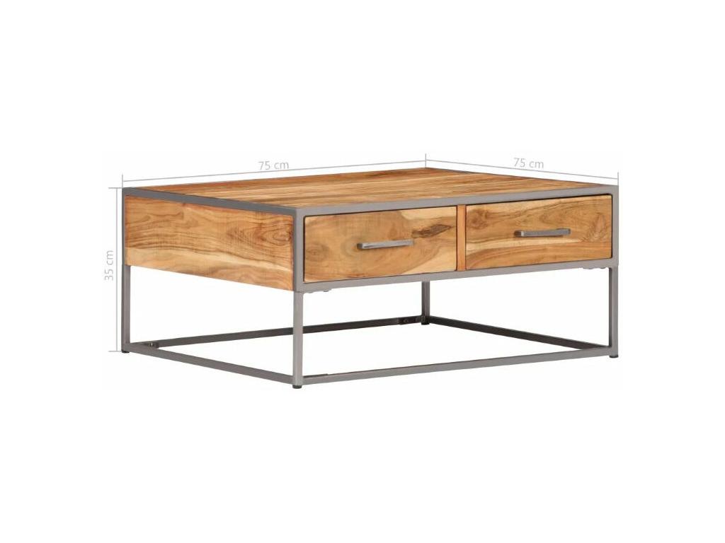 Coffee table with 2 drawers, Meublori solid light wood and grey metal.