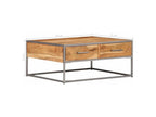 Coffee table with 2 drawers, Meublori solid light wood and grey metal.
