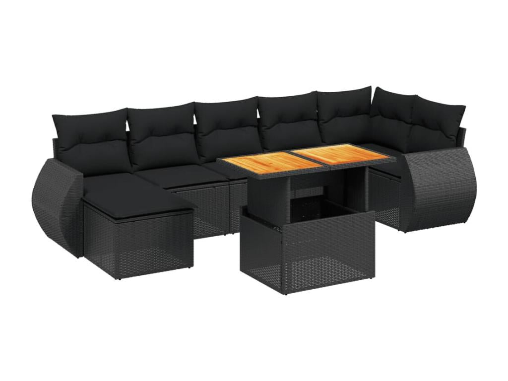 8-piece garden furniture set with cushions, black woven resin