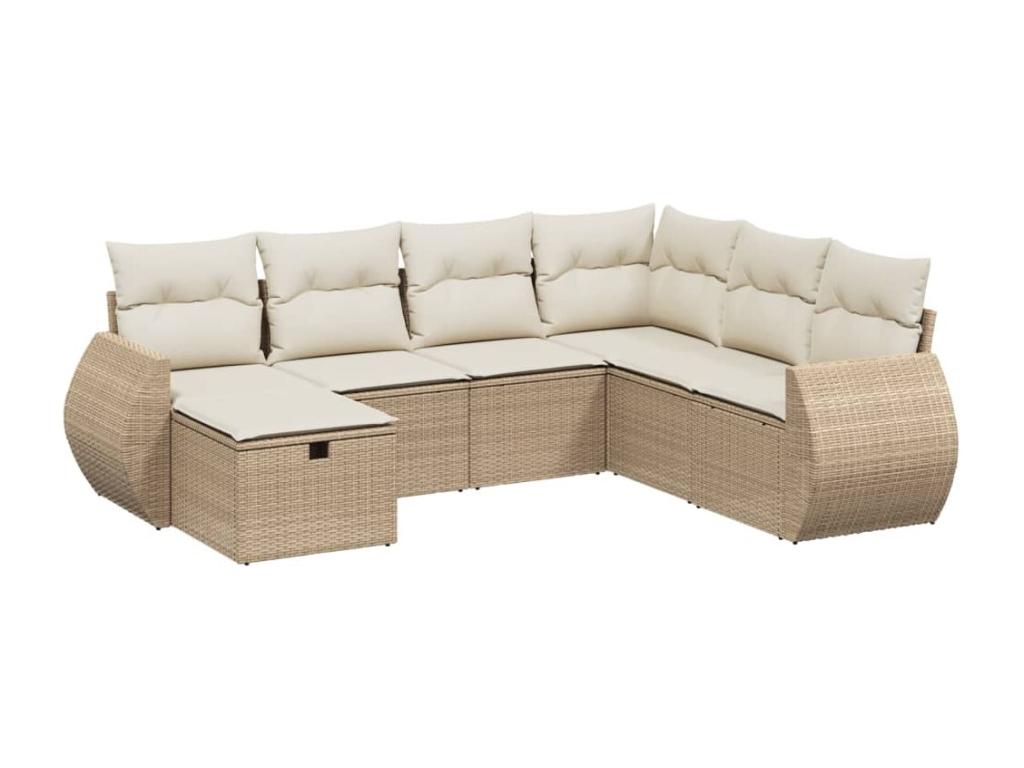 7-piece garden furniture set with cushions, beige woven resin VEBS25835