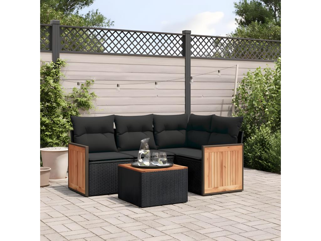 5-piece garden furniture set with cushions, black woven resin