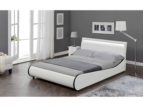 Meublori Double Bed Frame with LED Lighting, 140x200 cm, Faux Leather with Meublori White Slatted Base