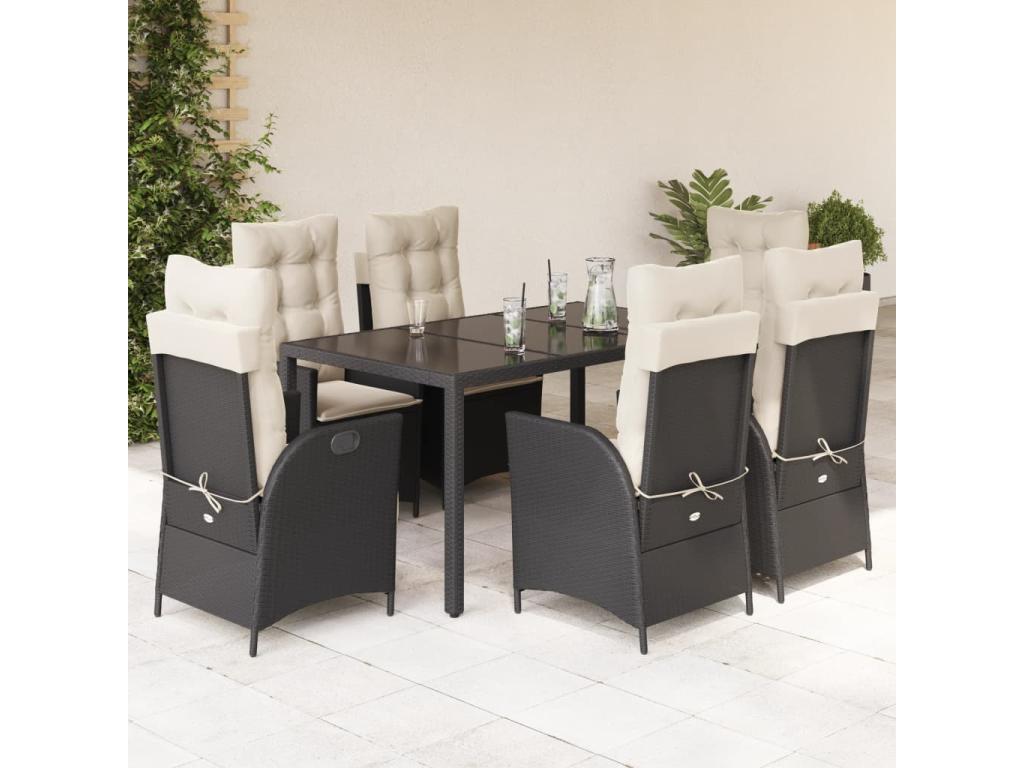 7-piece garden dining set with cushions, black woven resin