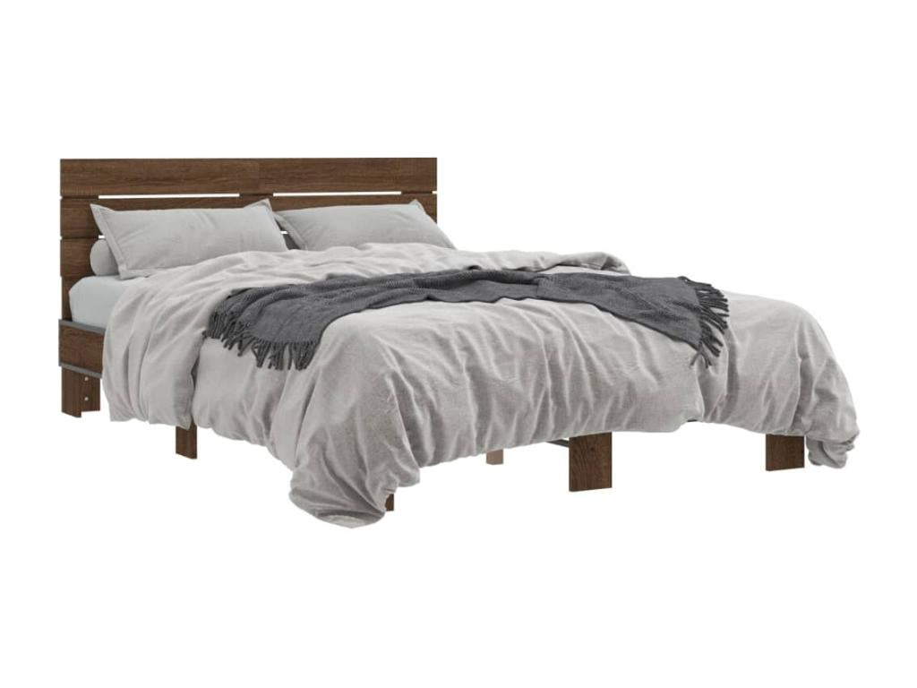 Brown oak bed frame 135x190 cm engineered wood and metal