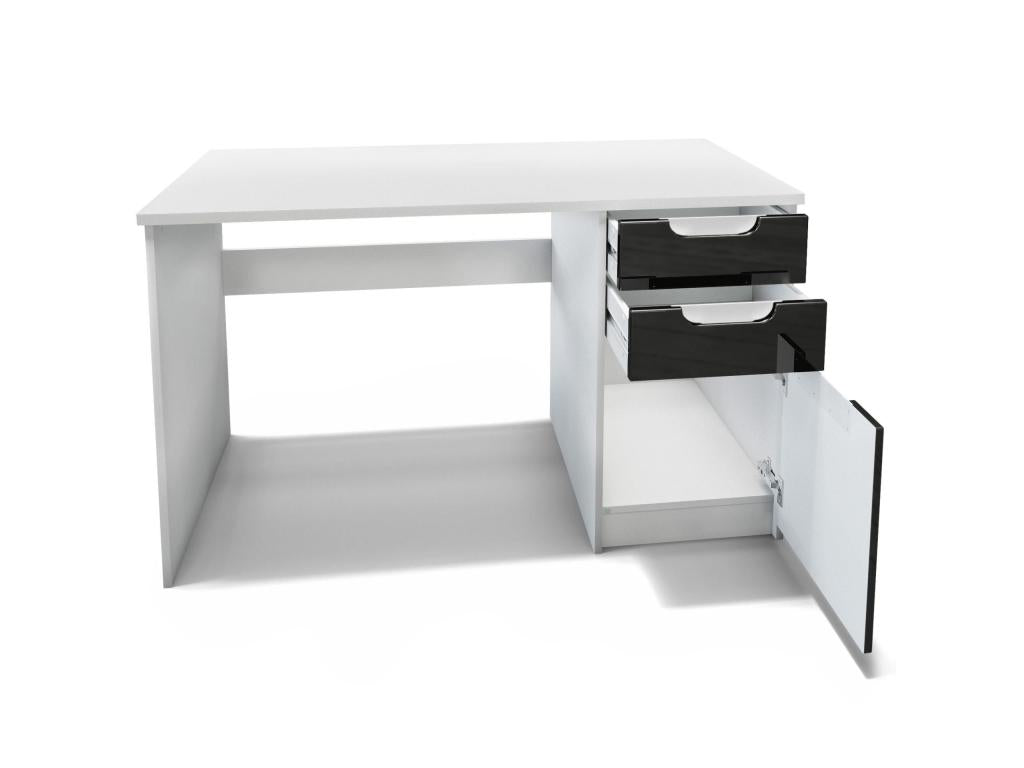 Desk with 2 Drawers and a Door, Matte White/High Gloss Black, 129x76x60 cm