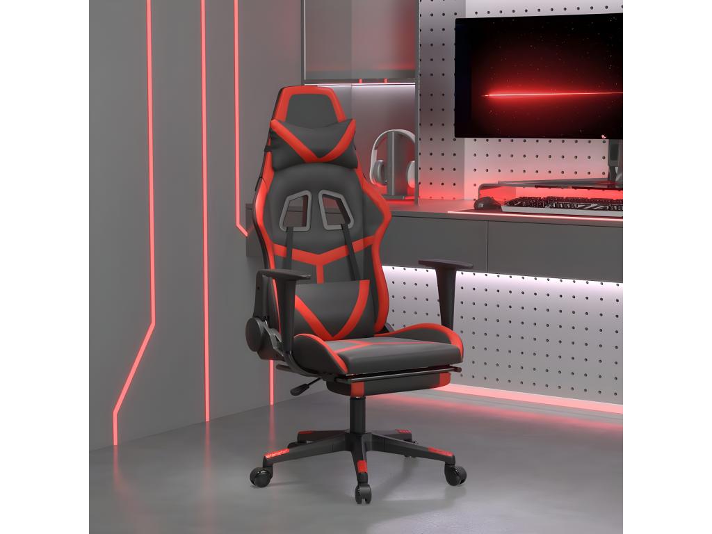 Massage gaming chair with footrest, black/red faux leather