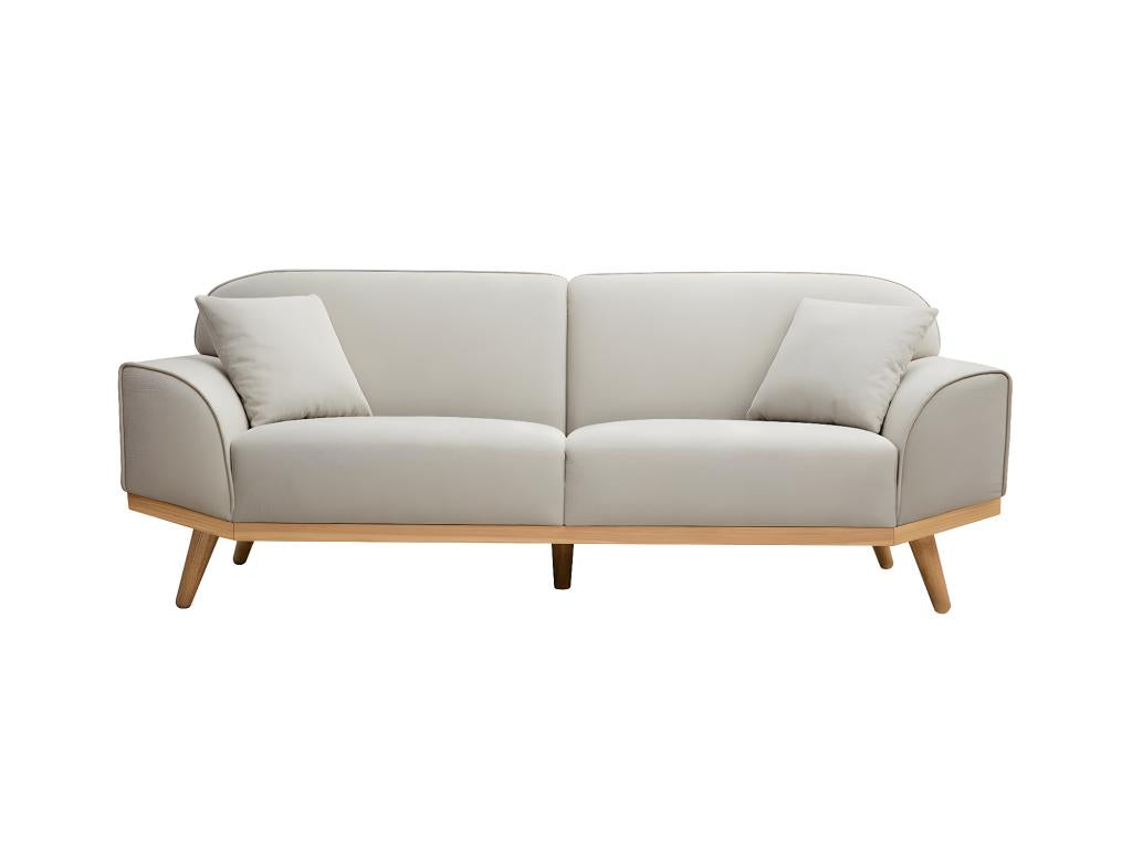 Meublori 3-seater Scandinavian sofa in beige textured velvet-effect fabric and light wood