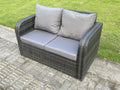 Rattan garden furniture set with height-adjustable dining table, reclining chairs, stools, and a love sofa. Dark grey furniture.