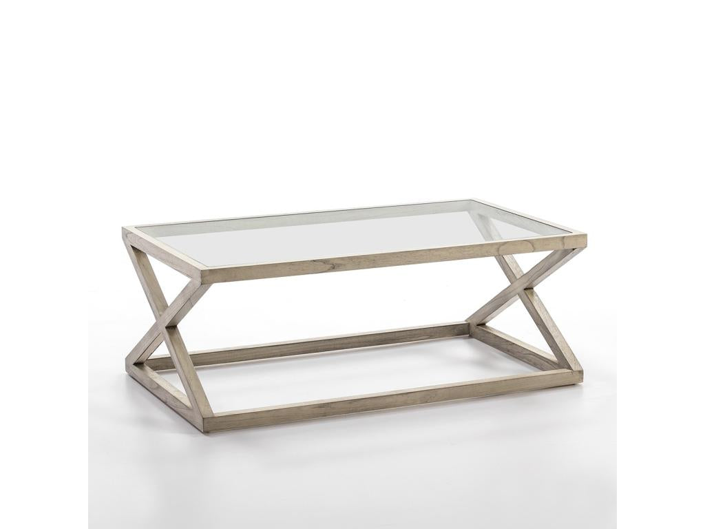 Coffee table in glass and solid wood painted in a soft grey, 120cm
