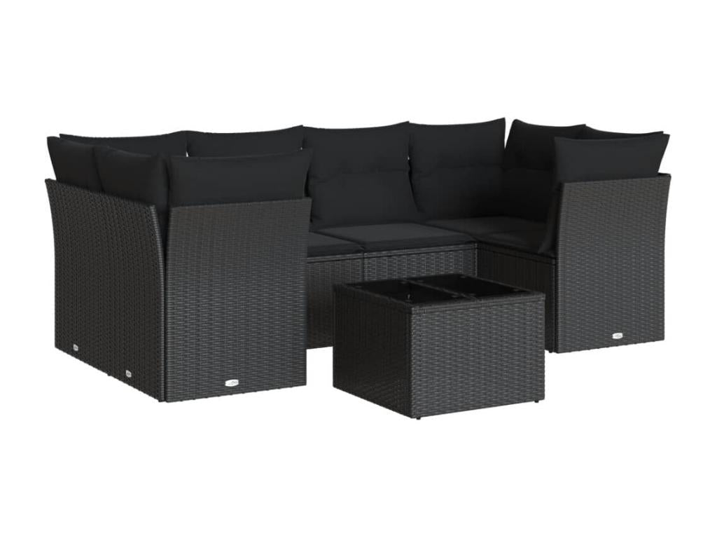 7-piece garden furniture set with cushions, black woven resin