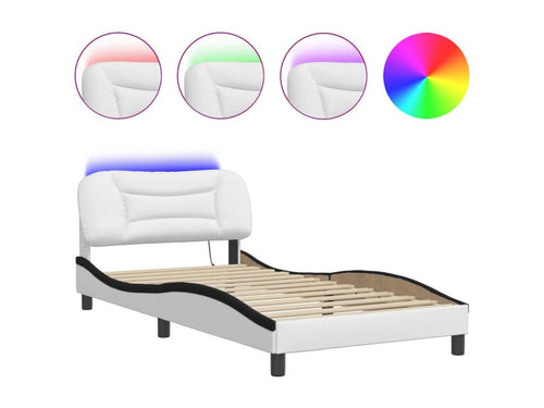 Bed frame with LED lights, white and black, 100x200 cm, faux leather