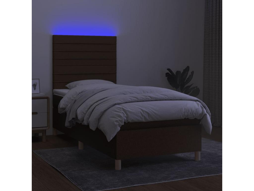 Upholstered bed base with mattress and LED lighting, dark brown, 100x200cm, fabric