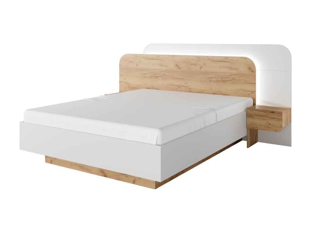 Bed with bedside tables 160x200 cm - With LEDs - Natural and white color - Meublori