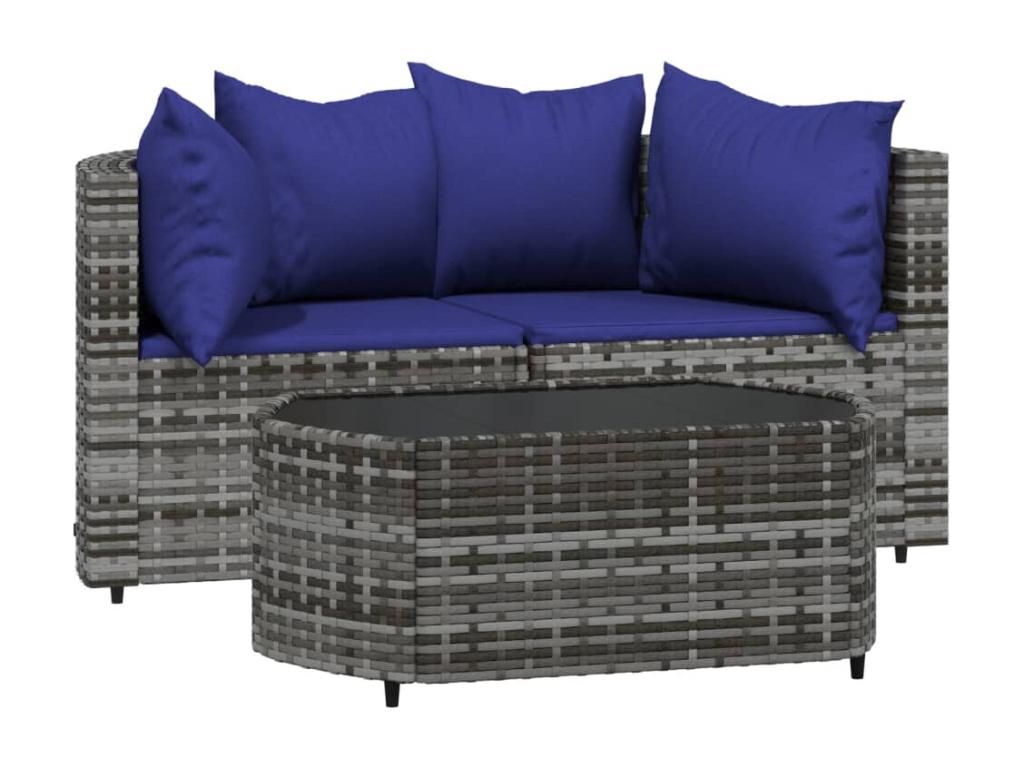 3-piece garden furniture set with cushions, grey woven resin