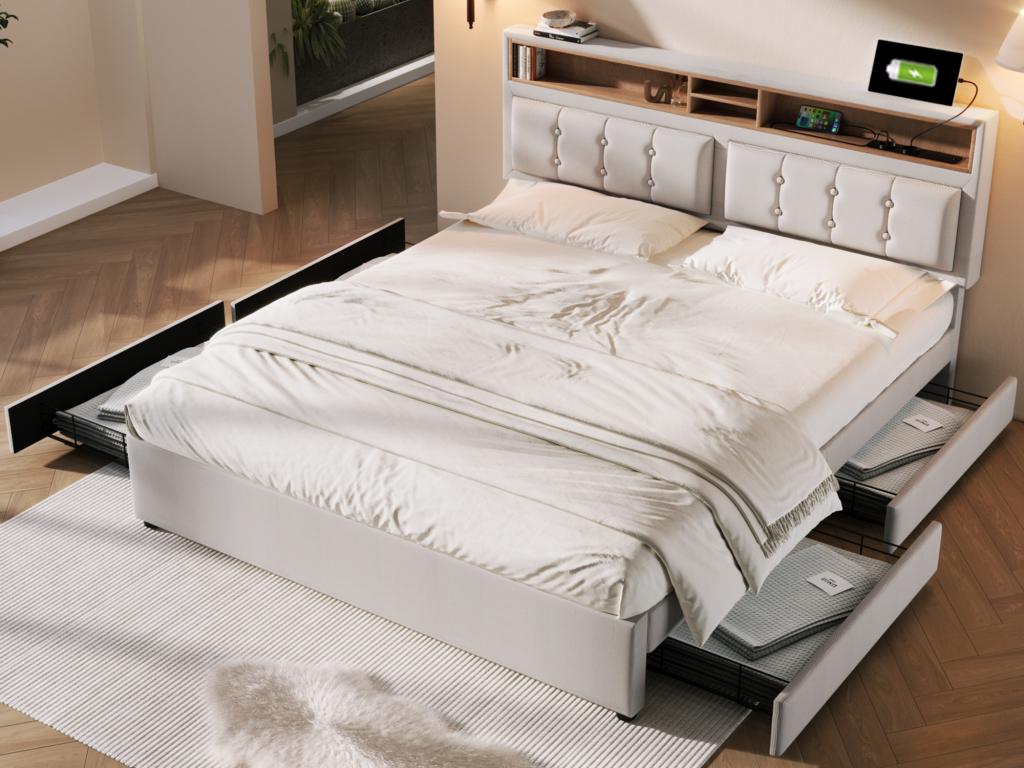 Double bed 160x200 cm with 4 drawers and USB-C port - adjustable headboard - beige TQKS57317