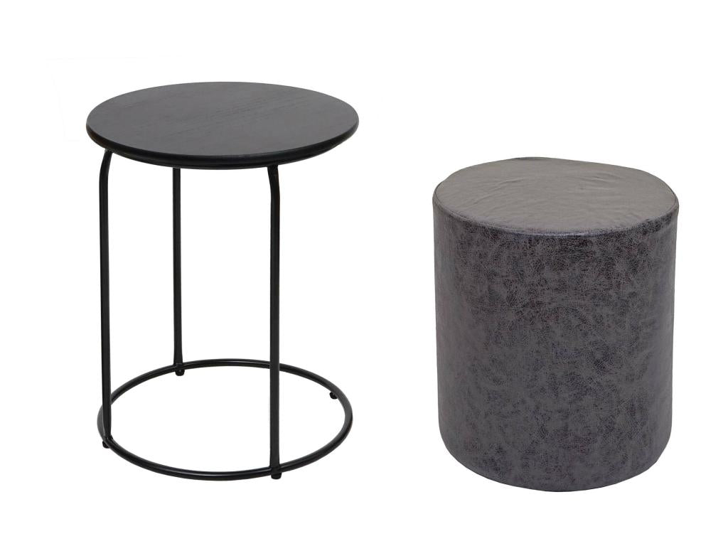 Set of 2 poufs and side table Meublori-K48 - coffee table, stool - Meublori certified MDF, metal, faux leather - black