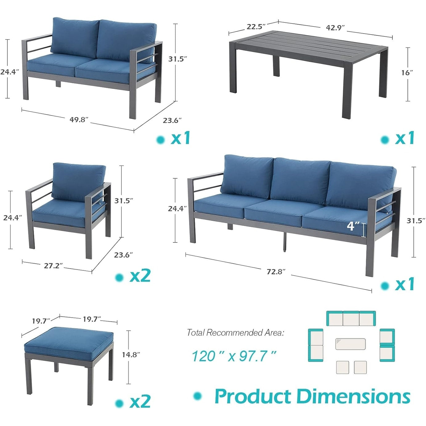 AECOJOY 7 Pieces Aluminum Patio Furniture Set Outdoor Conversation Set