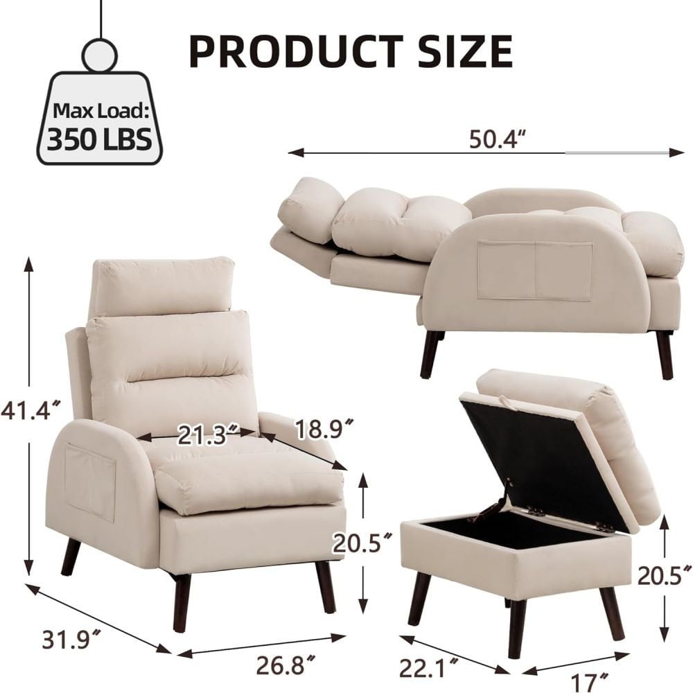 HOMYKA Accent Lounge Chair with Adjustable Backrest Storage Ottoman