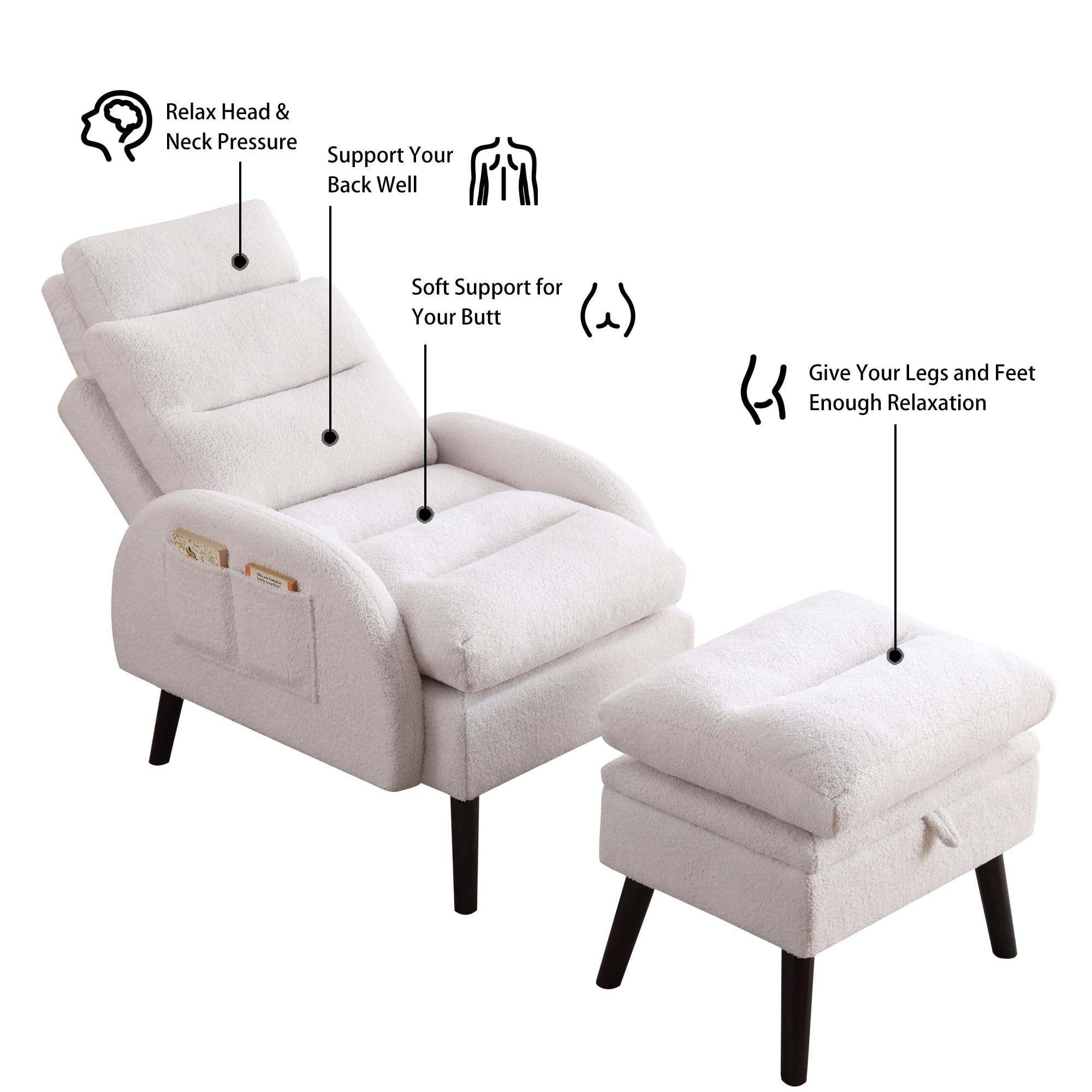 HOMYKA Accent Lounge Chair with Adjustable Backrest Storage Ottoman