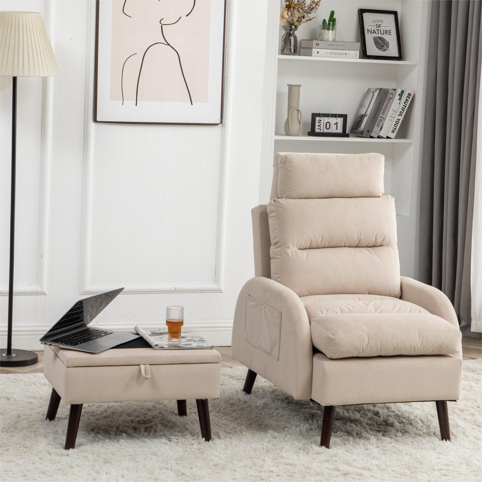 HOMYKA Accent Lounge Chair with Adjustable Backrest Storage Ottoman