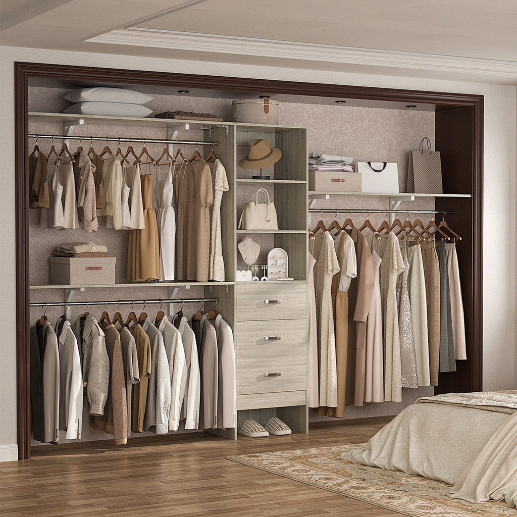Rackcog 120'' Adjustable Closet Organizer with Drawers, Closet System with DIY Shelves for Reach-in and Walk-in Closet
