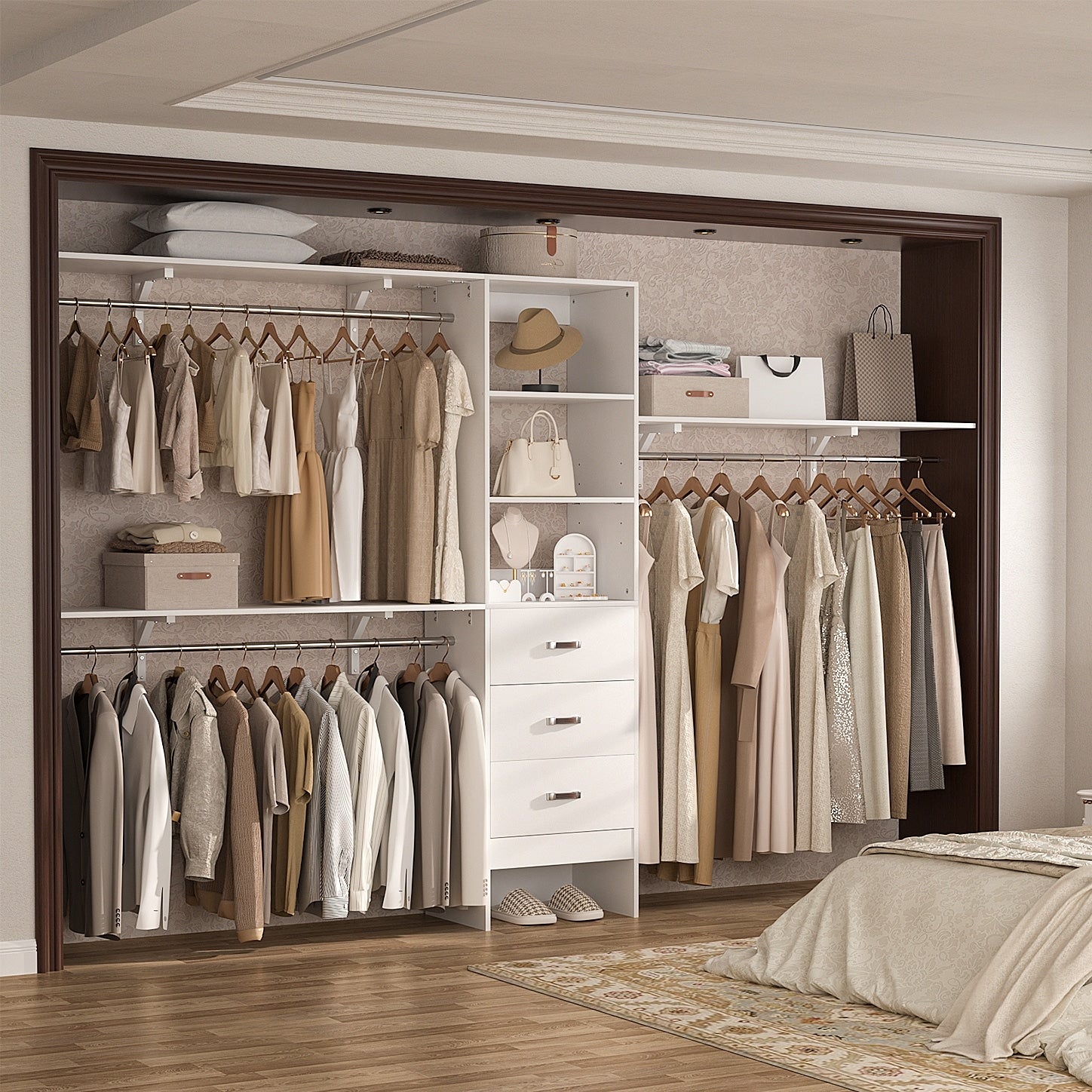 Rackcog 120'' Adjustable Closet Organizer with Drawers, Closet System with DIY Shelves for Reach-in and Walk-in Closet