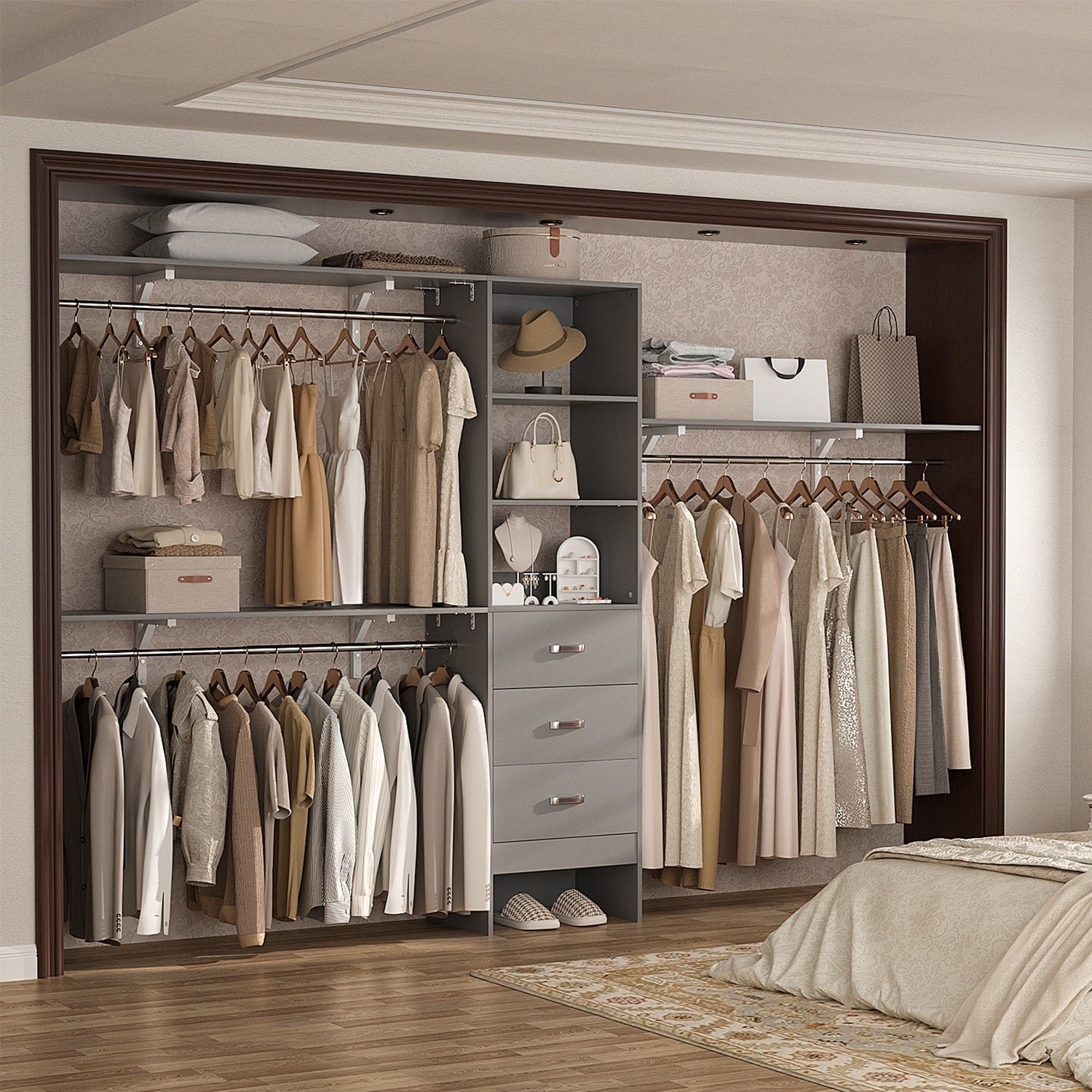 Rackcog 120'' Adjustable Closet Organizer with Drawers, Closet System with DIY Shelves for Reach-in and Walk-in Closet