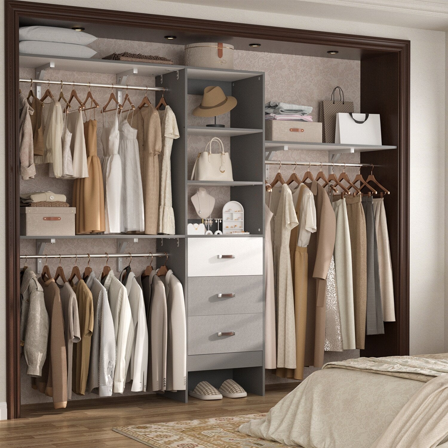 Rackcog 120'' Adjustable Closet Organizer with Drawers, Closet System with DIY Shelves for Reach-in and Walk-in Closet