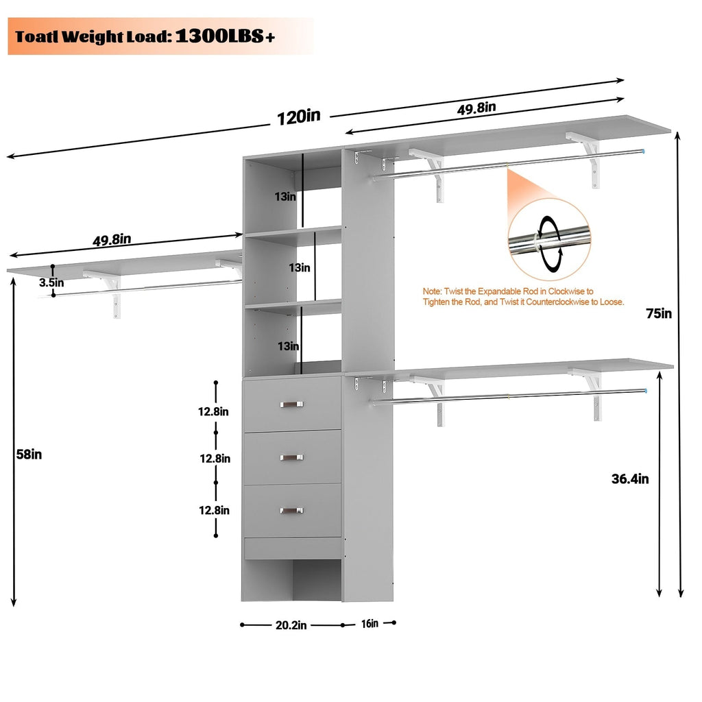 Rackcog 120'' Adjustable Closet Organizer with Drawers, Closet System with DIY Shelves for Reach-in and Walk-in Closet