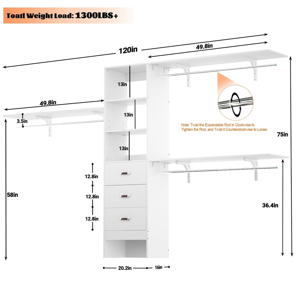 Rackcog 120'' Adjustable Closet Organizer with Drawers, Closet System with DIY Shelves for Reach-in and Walk-in Closet