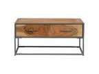 Coffee table with 2 drawers, Meublori solid light wood and grey metal.