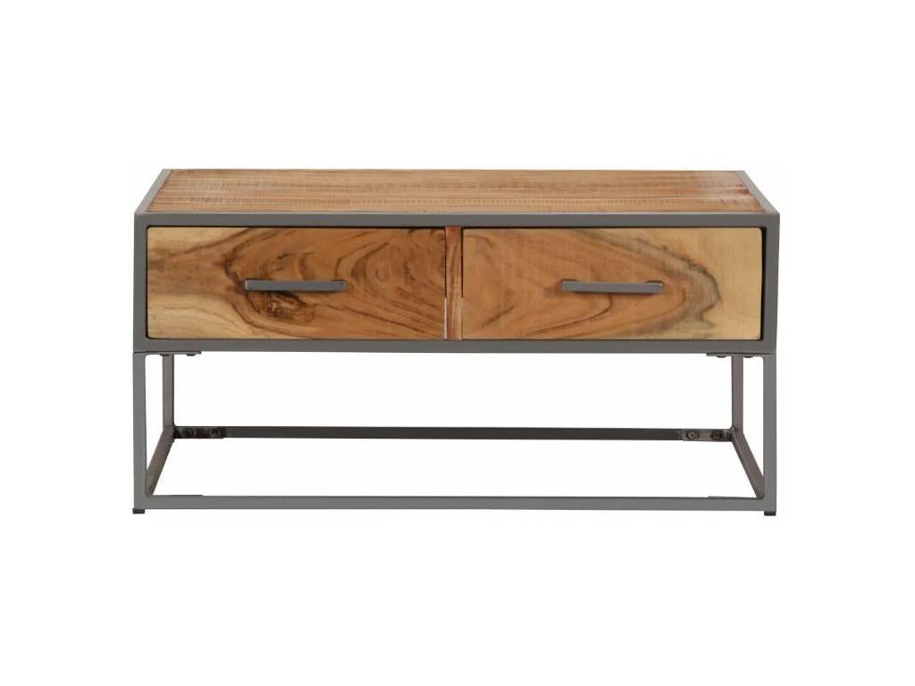 Coffee table with 2 drawers, Meublori solid light wood and grey metal.
