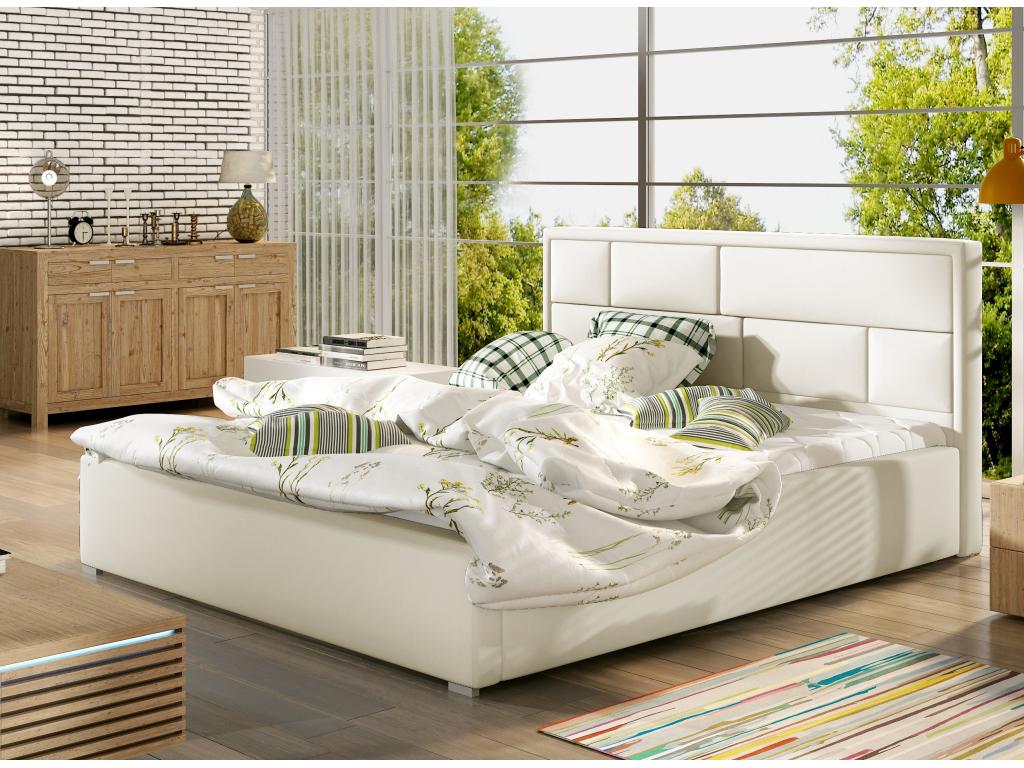 Meublori light beige faux leather double bed with upholstered headboard - 4 sizes - 180x200