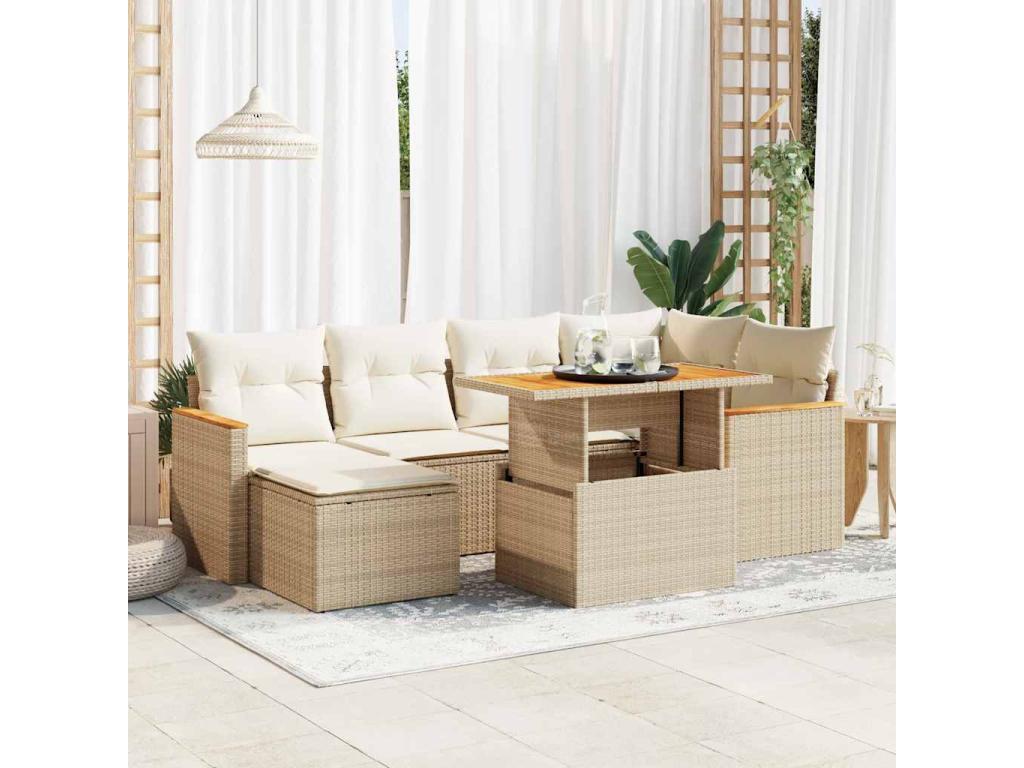 7-piece beige resin wicker garden furniture set with cushions by Meublori