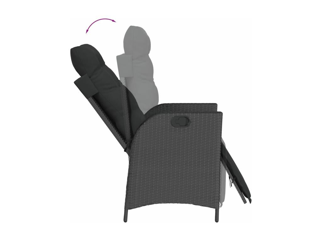 Set of 2 reclining garden chairs with footrests, black rattan