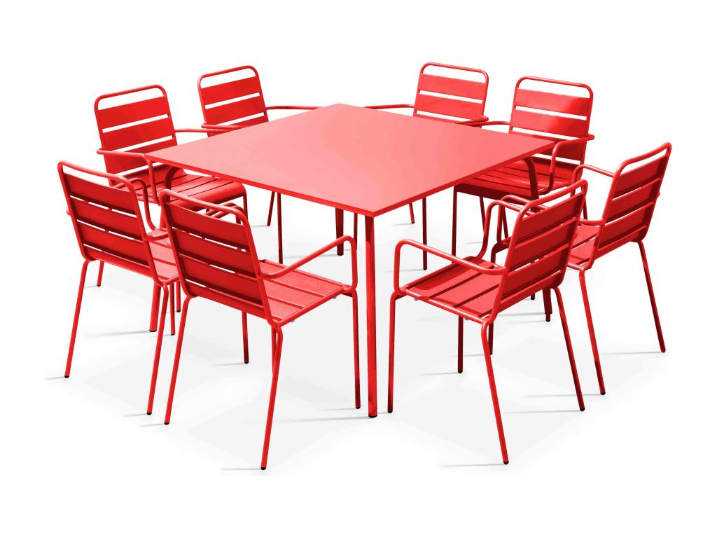 Square garden table and 8 red metal chairs set - Laviecasa WJCN75567