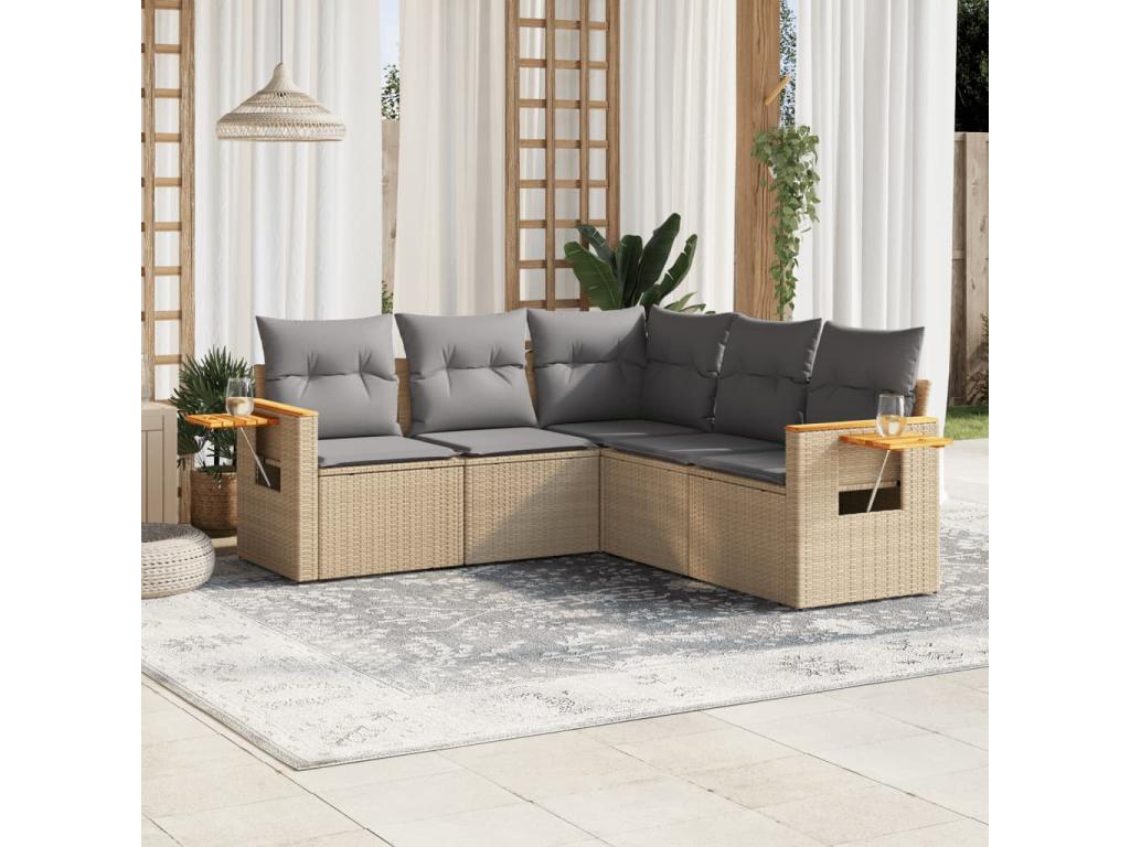 5-piece garden furniture set with cushions, beige woven resin