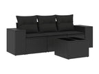 4-piece garden furniture set with cushions, black woven resin