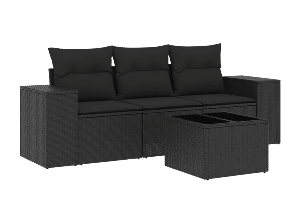 4-piece garden furniture set with cushions, black woven resin