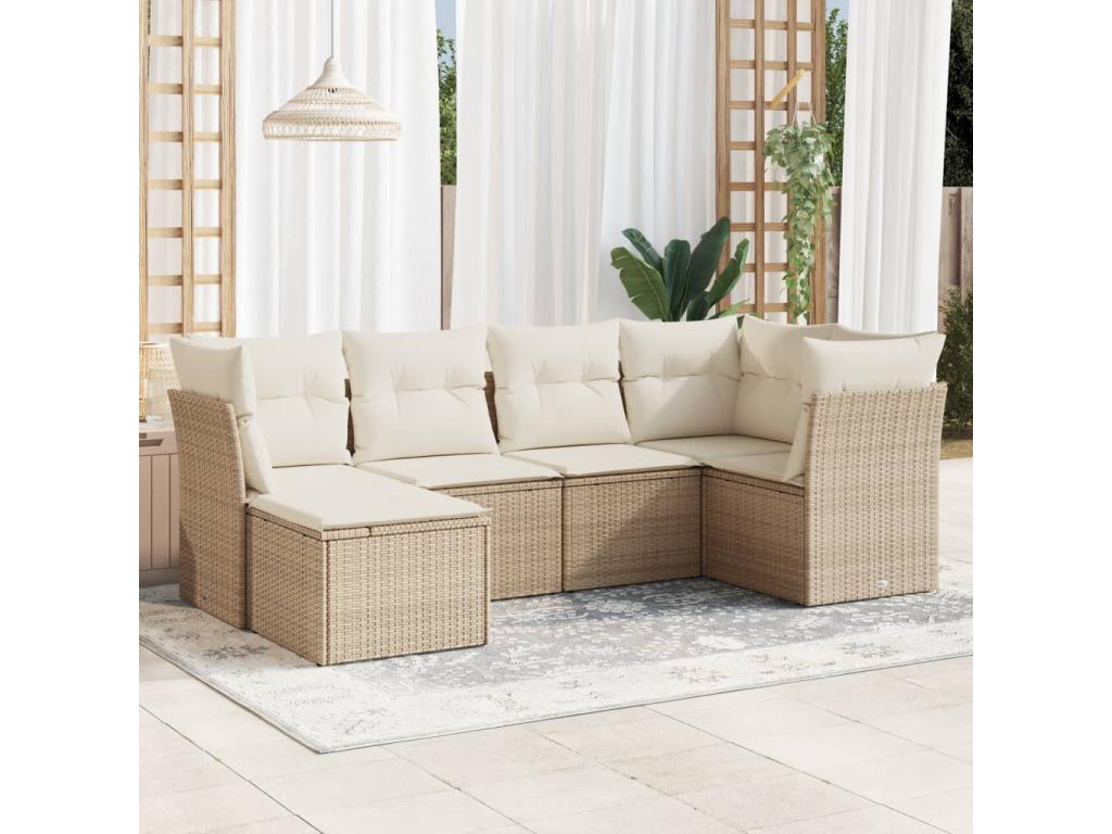 Garden furniture set with cushions, 6 pieces, beige woven resin