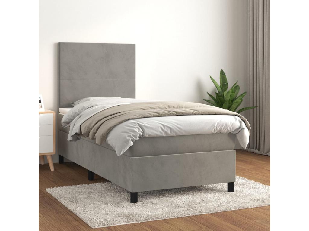 Upholstered bed base and mattress, light grey, 90x200 cm, velvet