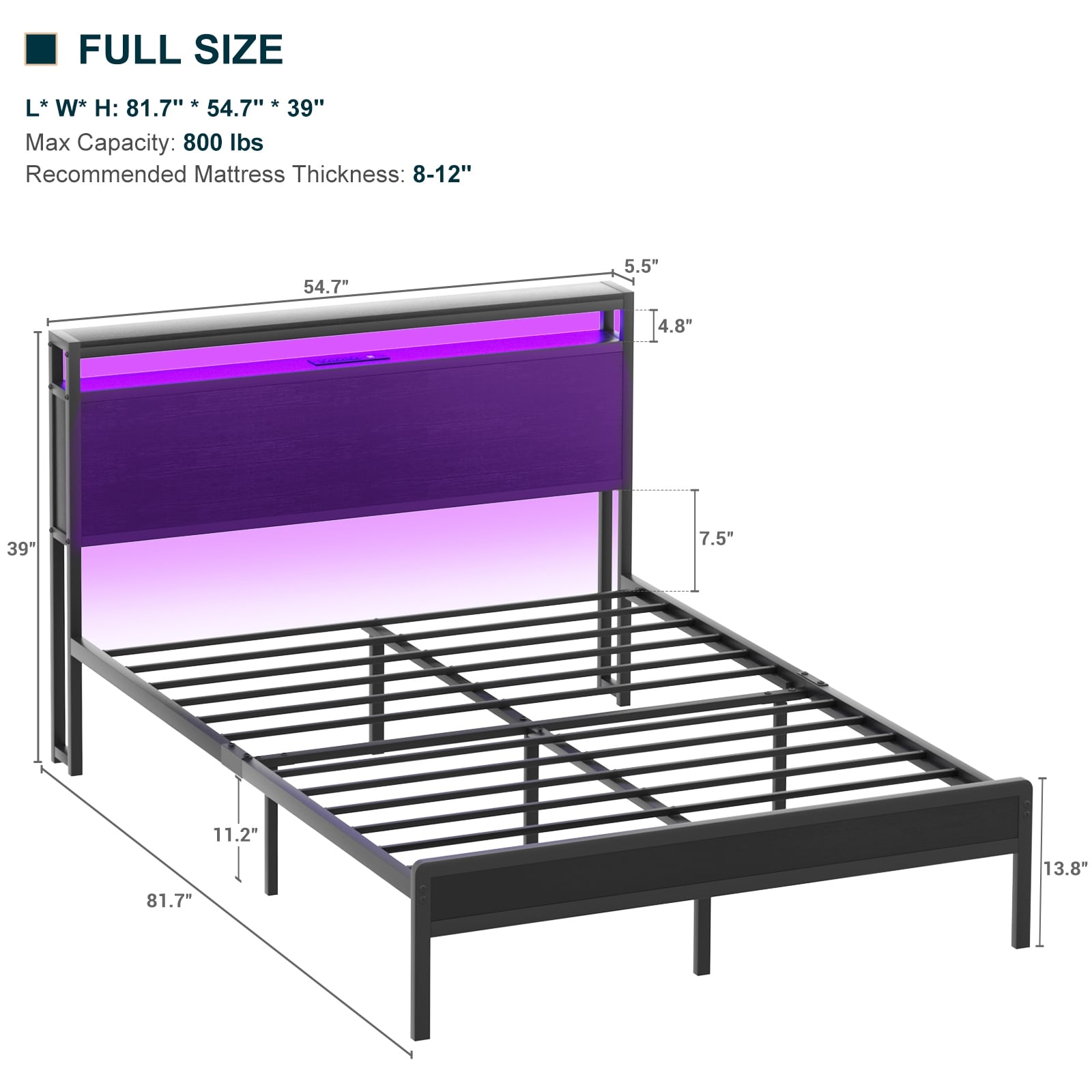 Farmhouse Wood Platform Bed Frame with Charged Station and LED Lights