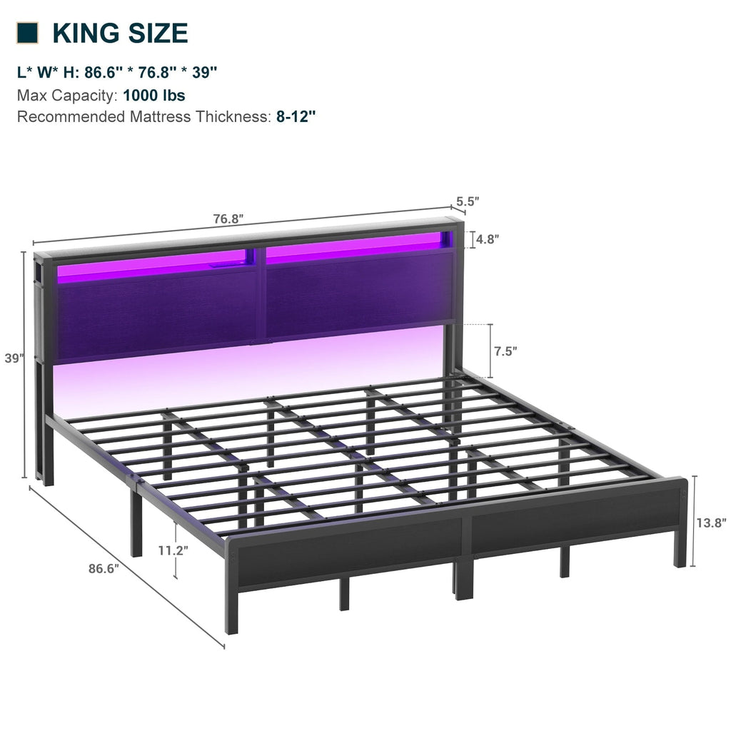 Farmhouse Wood Platform Bed Frame with Charged Station and LED Lights