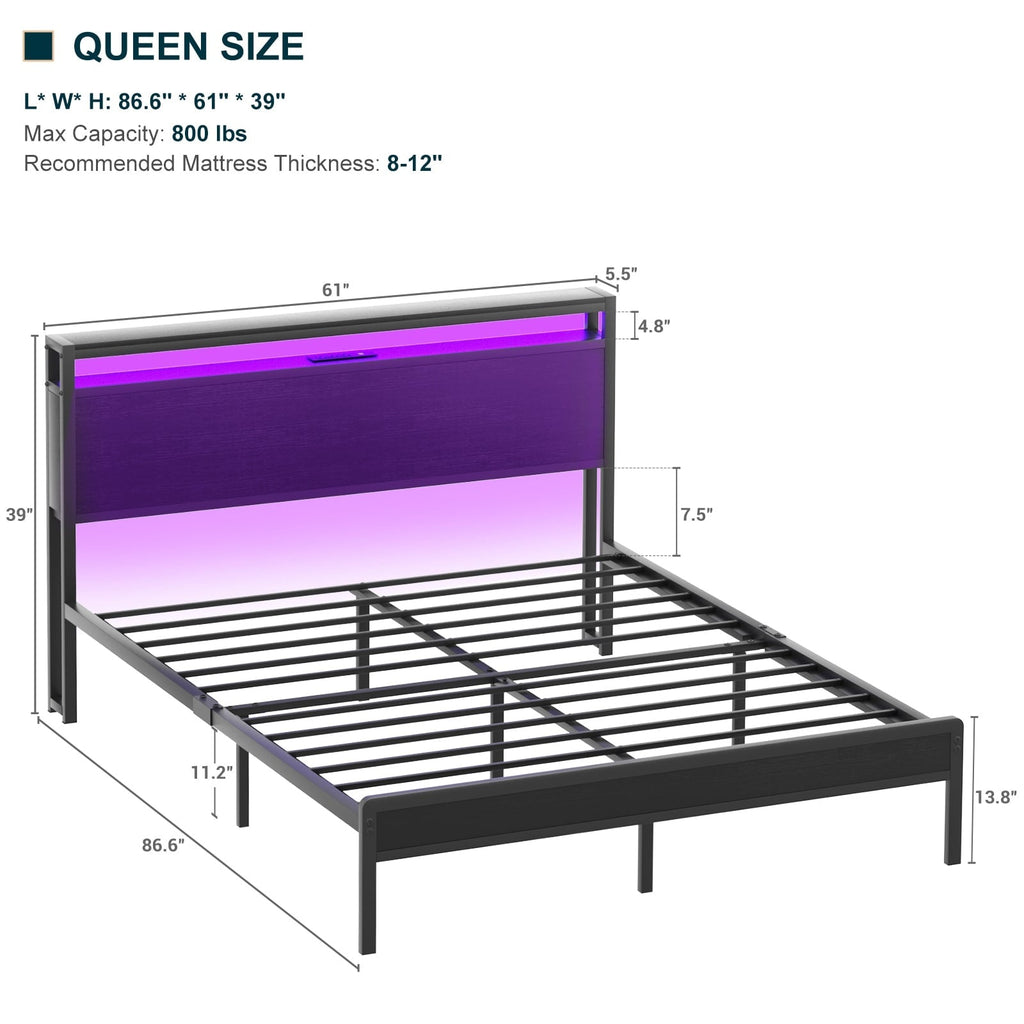 Farmhouse Wood Platform Bed Frame with Charged Station and LED Lights