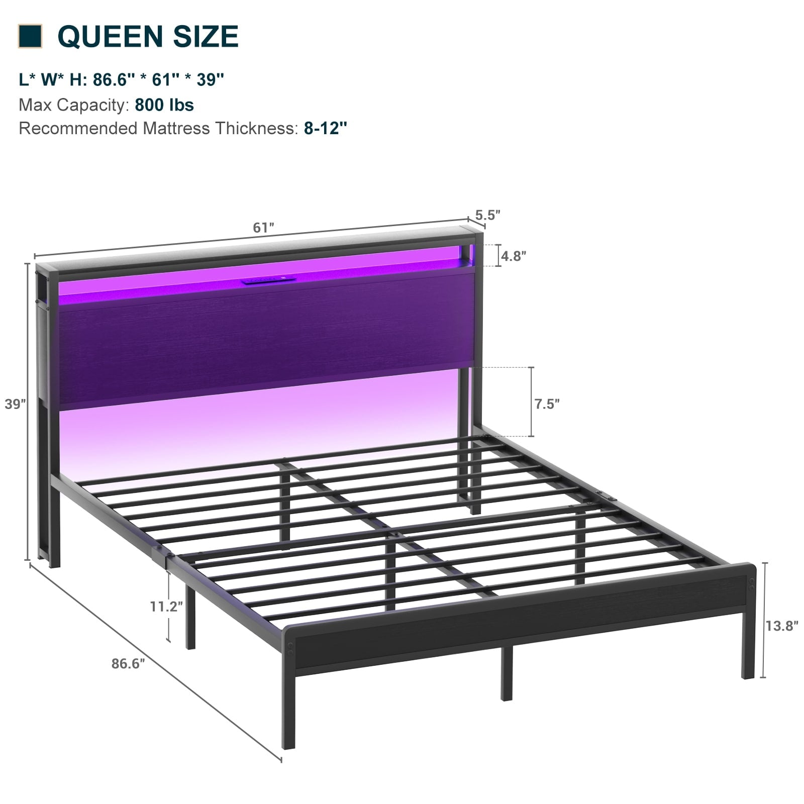 Farmhouse Wood Platform Bed Frame with Charged Station and LED Lights