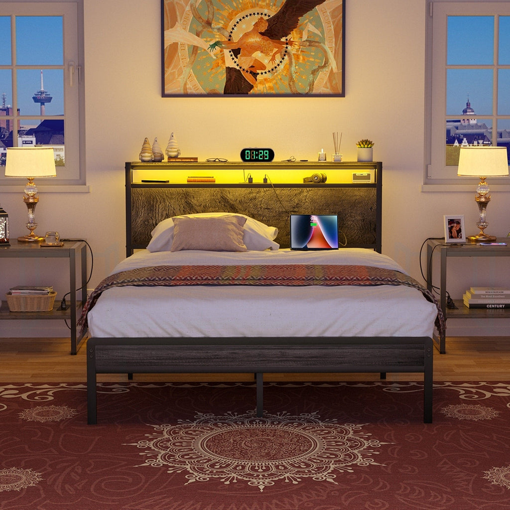 Farmhouse Wood Platform Bed Frame with Charged Station and LED Lights